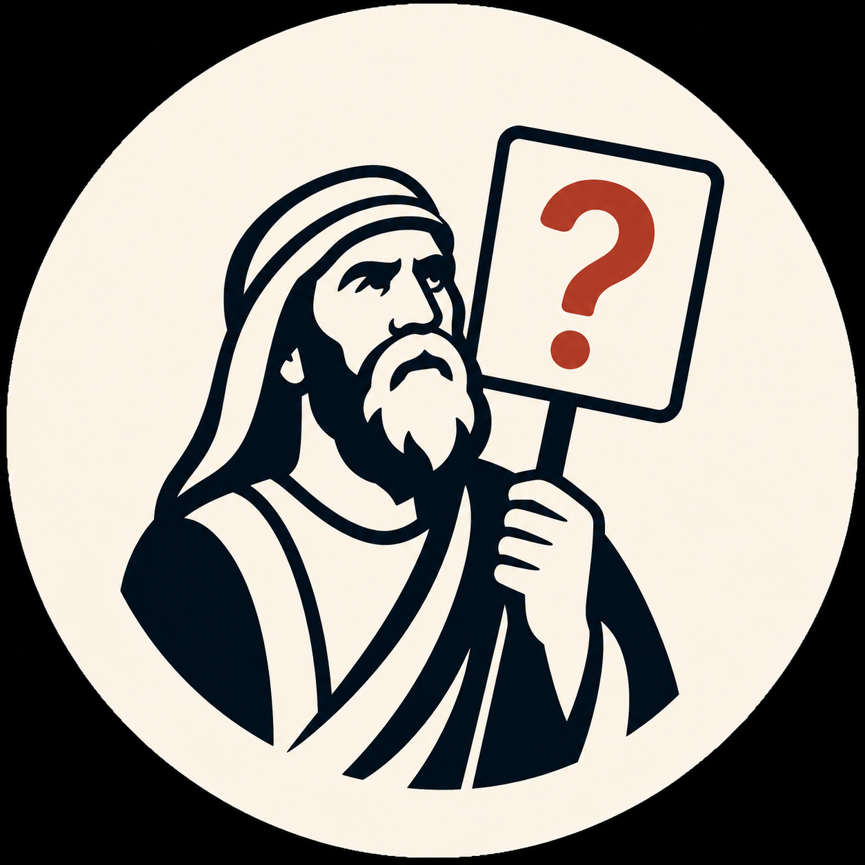 An illustrated prophet holding a sign with a question mark